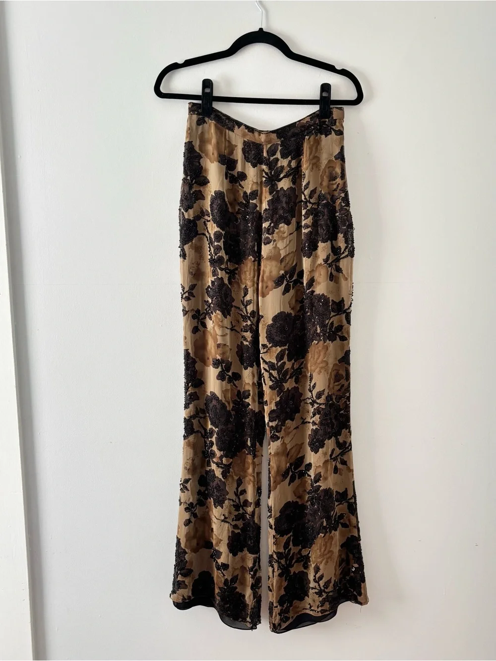 Vie Victoria Royal Vintage Silk Beaded Wide Leg Pants Side Zip Embellished Y2K